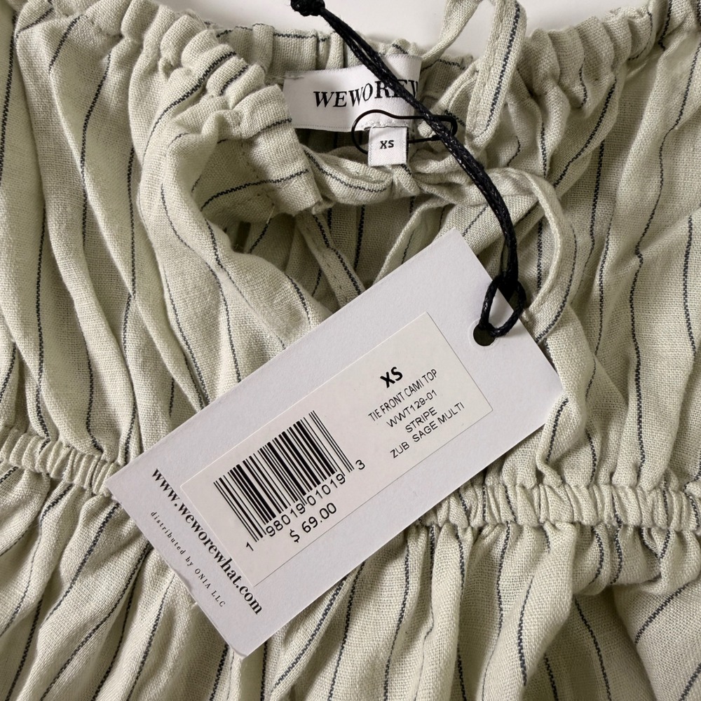 WeWoreWhat Tie Front Cami Top Sage Multi Stripe Smocked Strap XS - Picture 2 of 5